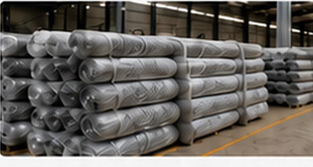 Bundled chain link fence rolls in warehouse